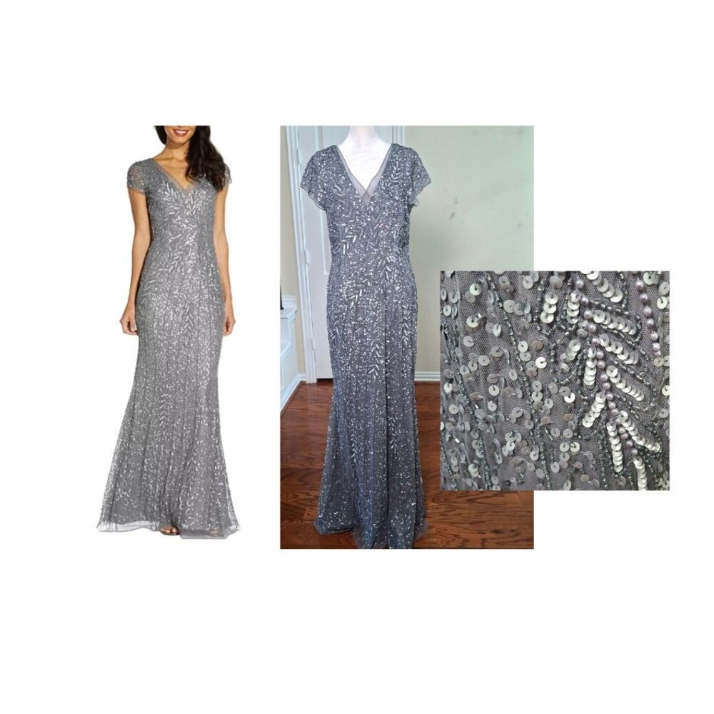 Adrianna Papell Dress Silver Women 10 Beaded Sequin Formal Evening Mother Bride
